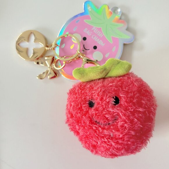 Plush Cherry Bag Charm Soft w Gold Tone Baubles, Disc w Flower cutout & Bow NWT - Picture 1 of 5